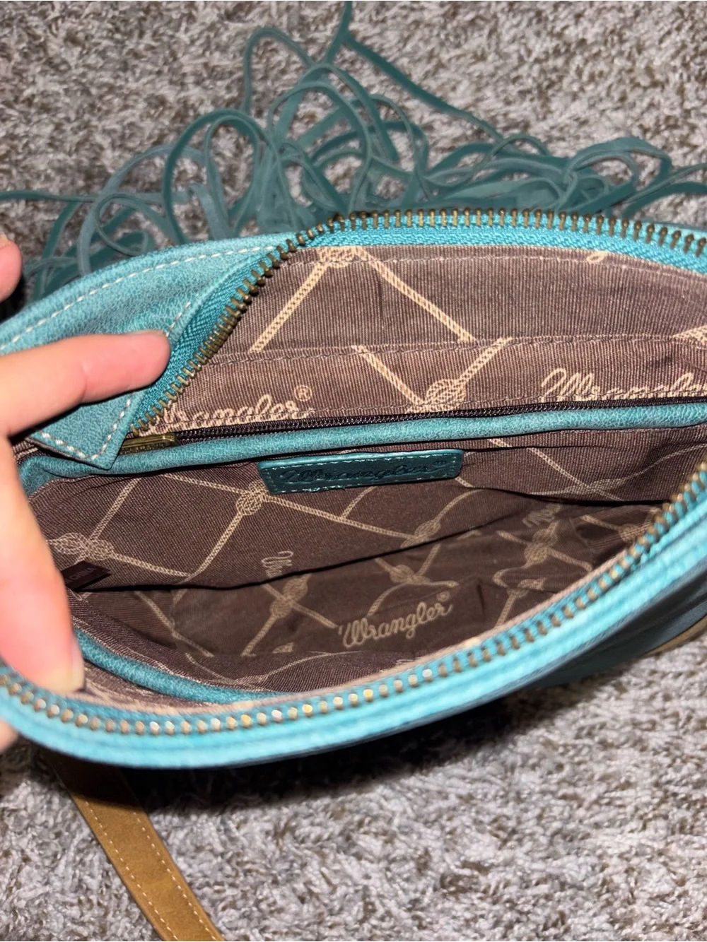 Wrangler Teal and Tan Fringe Crossbody Bag with Haircalf Accent
